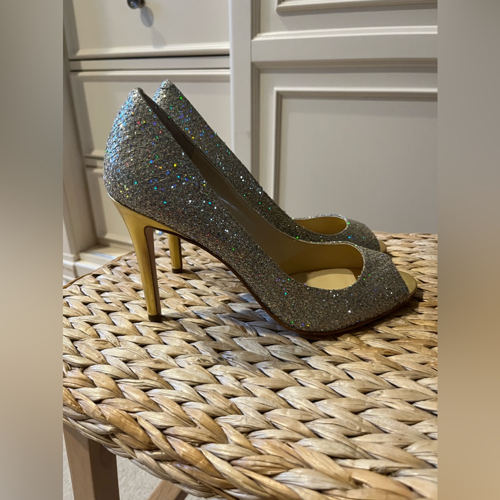 Enzo Angiolini Womens Open Toe Pumps Size 10.5 Silver/Gold
